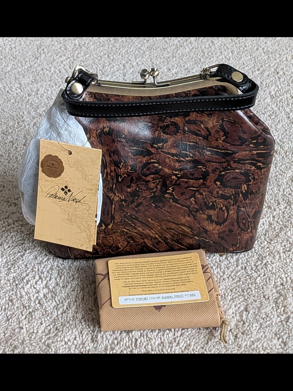 Patricia Nash Brown Animal Print Kiss-Lock Handbag with Black Trim. New With Tag